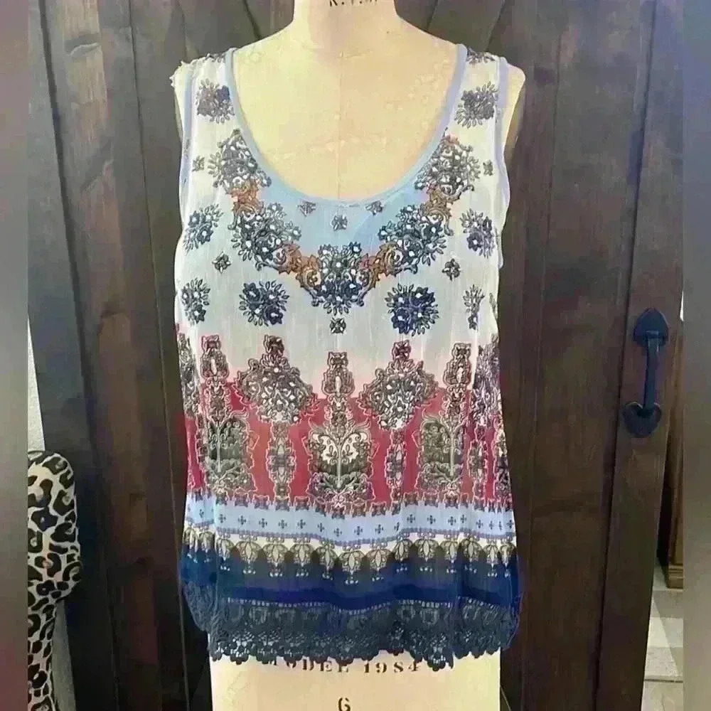 Bilo, Beaded Chiffon Boho Tank Top, Size M